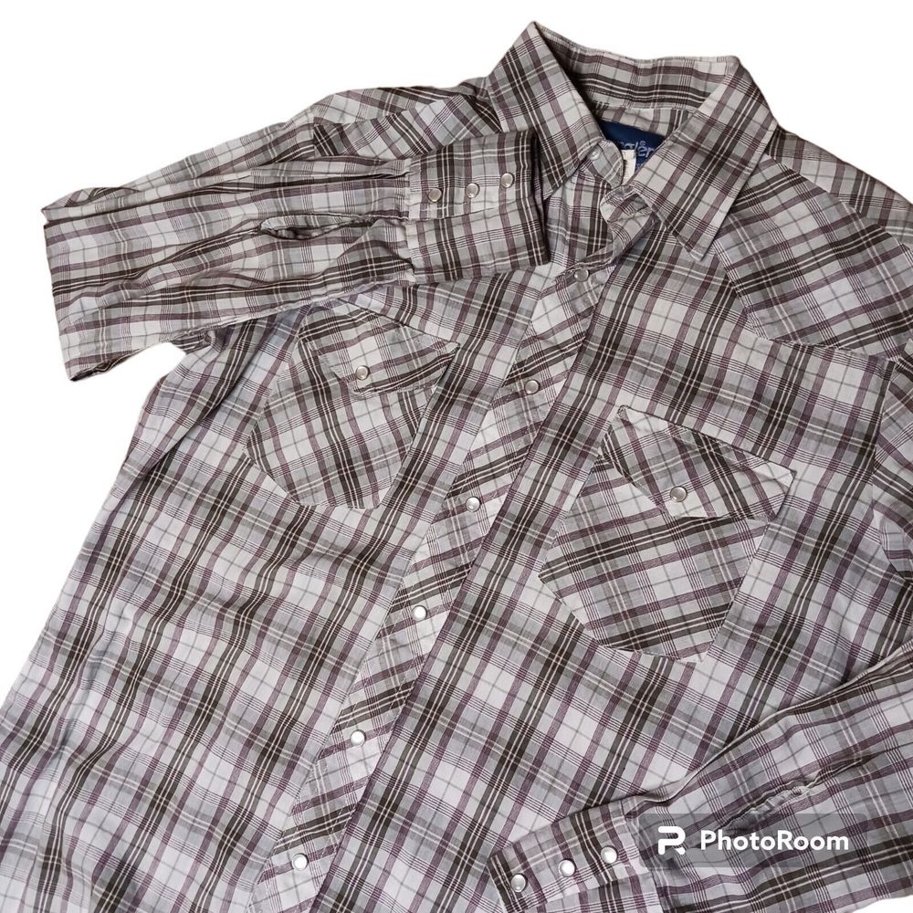 Wrangler Men's Medium Pearl Snap Button Up Long Sleeve Western Tan Plaid Vintage